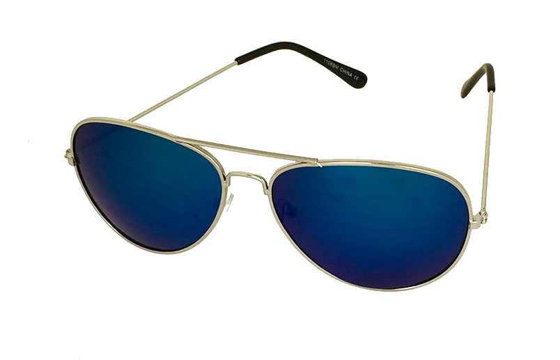 Sølvfarvet aviator med blåt glas