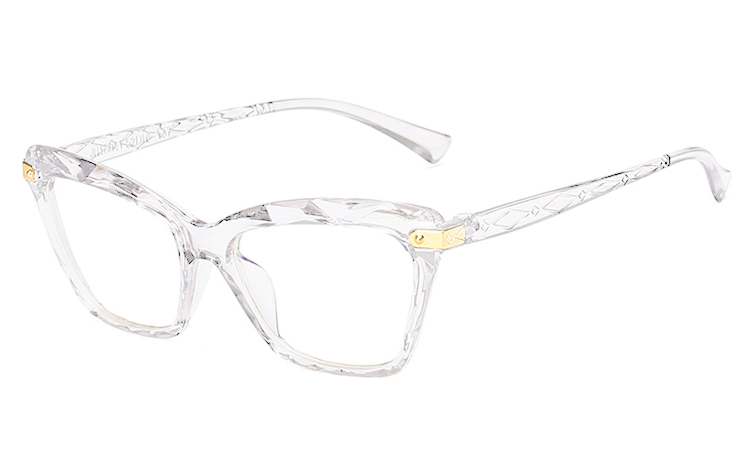 Klar transparent cat-eye brille i mÃ¸nstret og indgraveret glas.