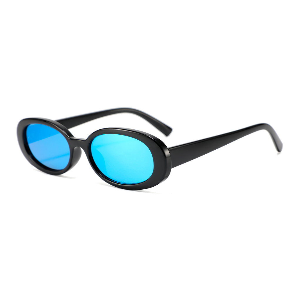 Smuk oval solbrille i blank sort stel med isblÃ¥ spejlglas