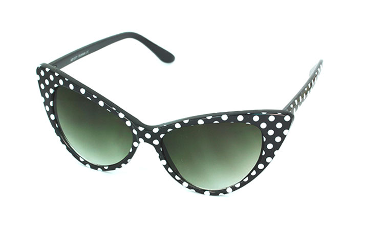 Sort cateye solbrille med hvide prikker. 30Â´er - 50Â´er stil