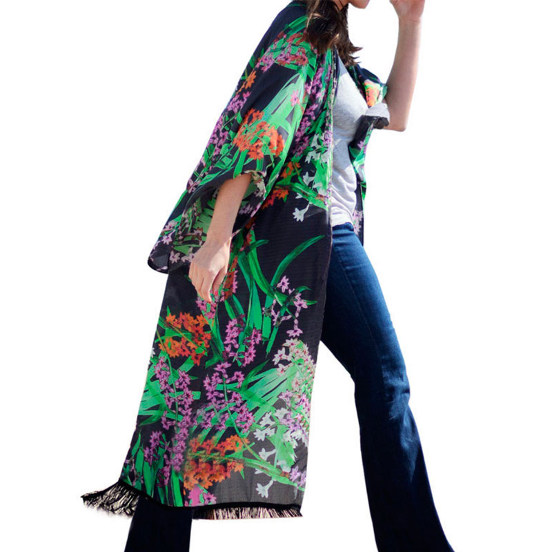 Farverig jungle kimono med sort baggrund - accessories.dk - billede 4