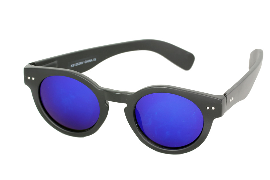 Rund solbrille i mat sort design med blÃ¥lige spejlglas