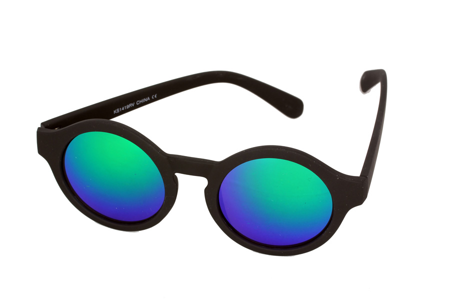 Rund sort solbrille med spejlglas i blÃ¥-grÃ¸nne nuancer