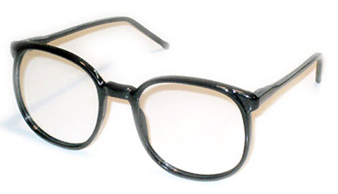 Stor rund brille i sort med klart glas, uden styrke.