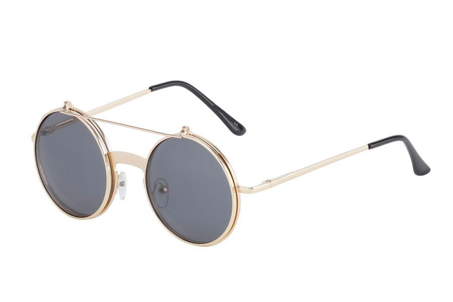Brille i guldfavet metal stel med flip-up solbrille