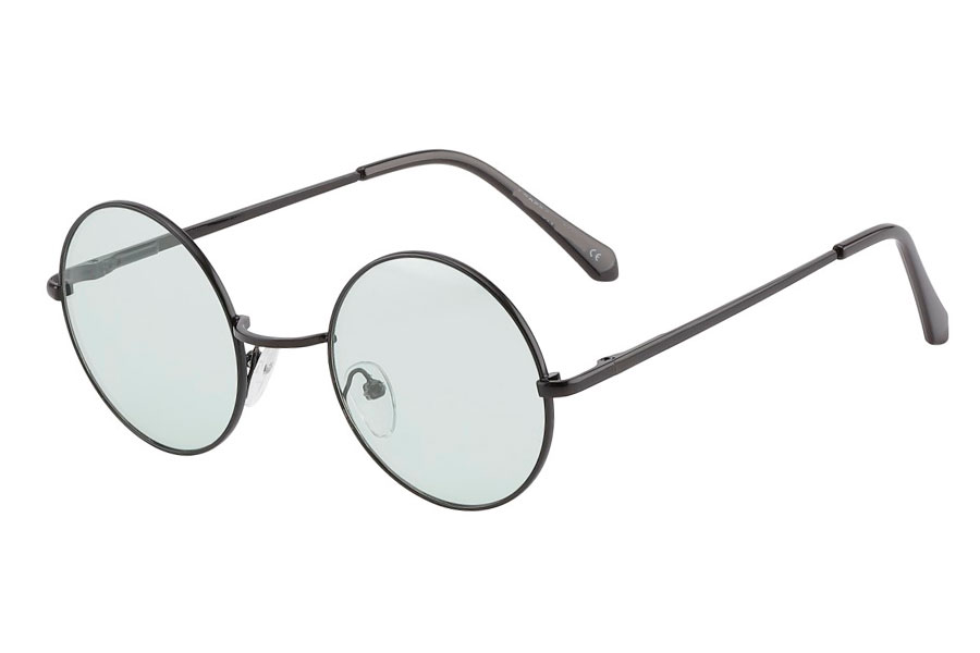 Rund lennon brille i sort metalstel med lysegrønne linser. 