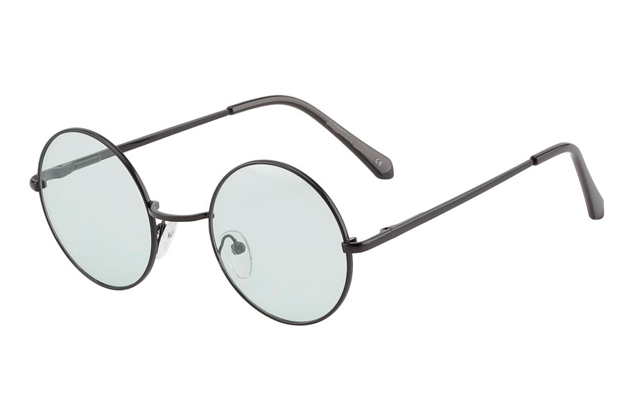 Rund lennon brille i sort metalstel med lysegrÃ¸nne linser. 