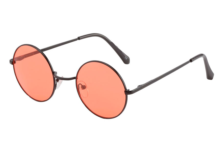 Rund lennon brille i sort metalstel med koralrÃ¸de linser. 