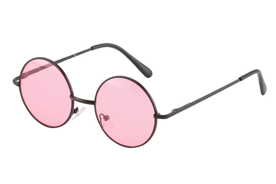 Rund lennon brille i sort metalstel med lyserÃ¸de linser. 