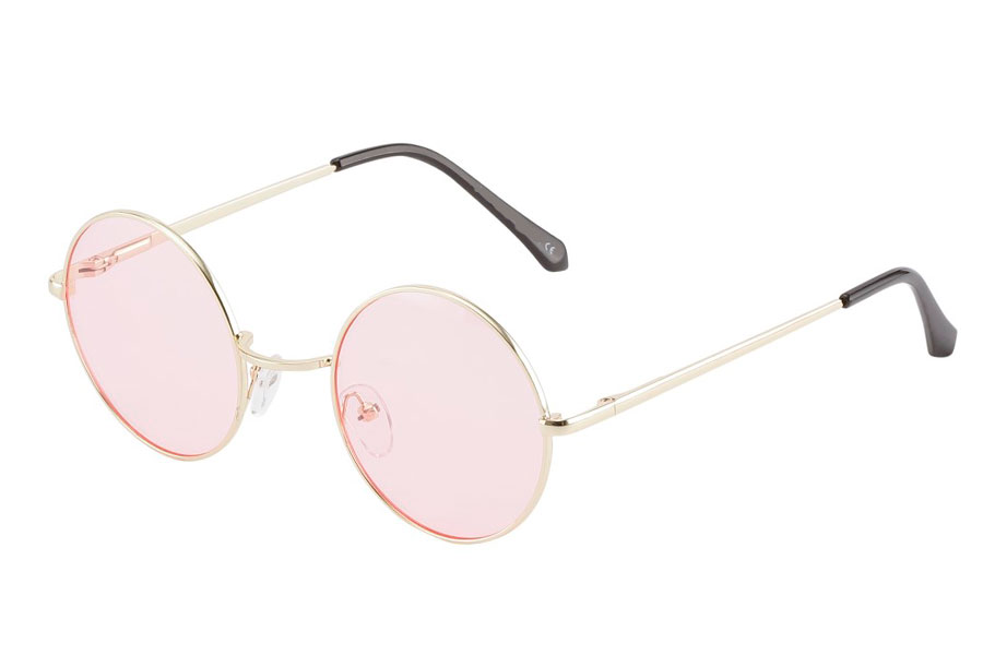 Rund lennon brille i guldfarvet metalstel med lyse lyserÃ¸de linser. 
