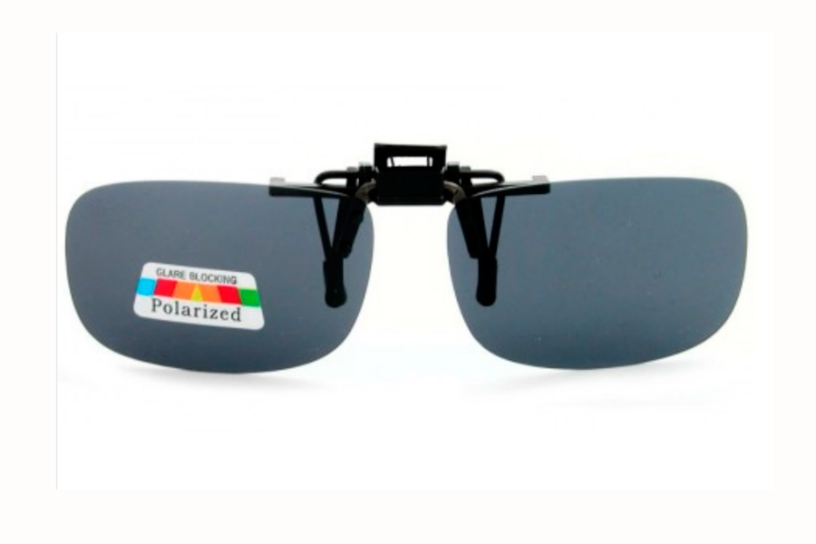 Polaroid clip-on solbrille i aflangt design med mÃ¸rke gla