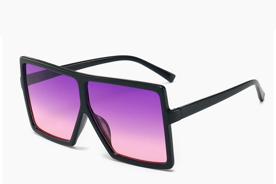 Oversized sort firkantet brille med lilla glas i fladt design