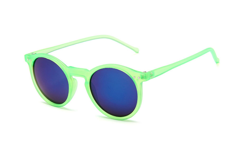 Rund solbrille i mat neongrÃ¸nt stel med spejlglas