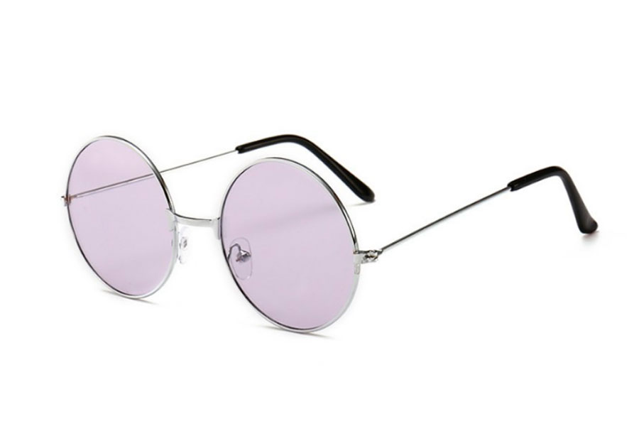 Rund solbrille i sÃ¸lvfarvet rundt lennon design med lyselilla glas