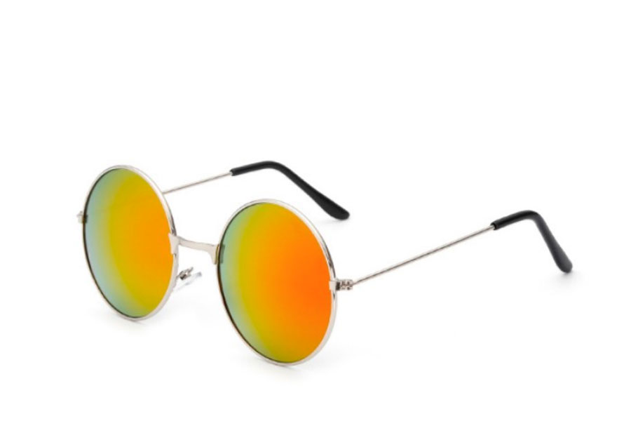 Rund solbrille i sÃ¸lvfarvet metal stel med spejlglas i orange-gule nuancer