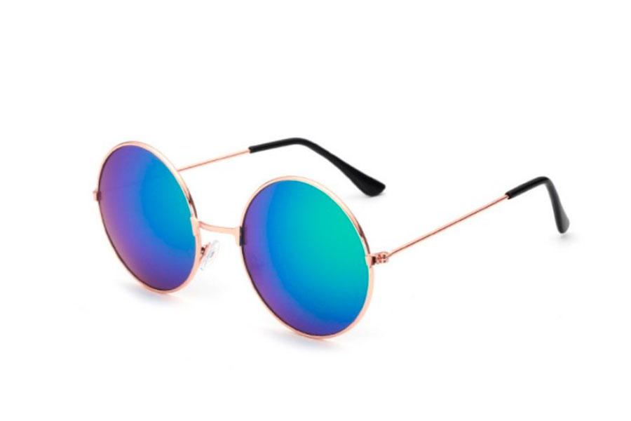 Rund lennon solbrille i guldfarvet metal stel med spejlglas i blÃ¥-grÃ¸nne nuancer