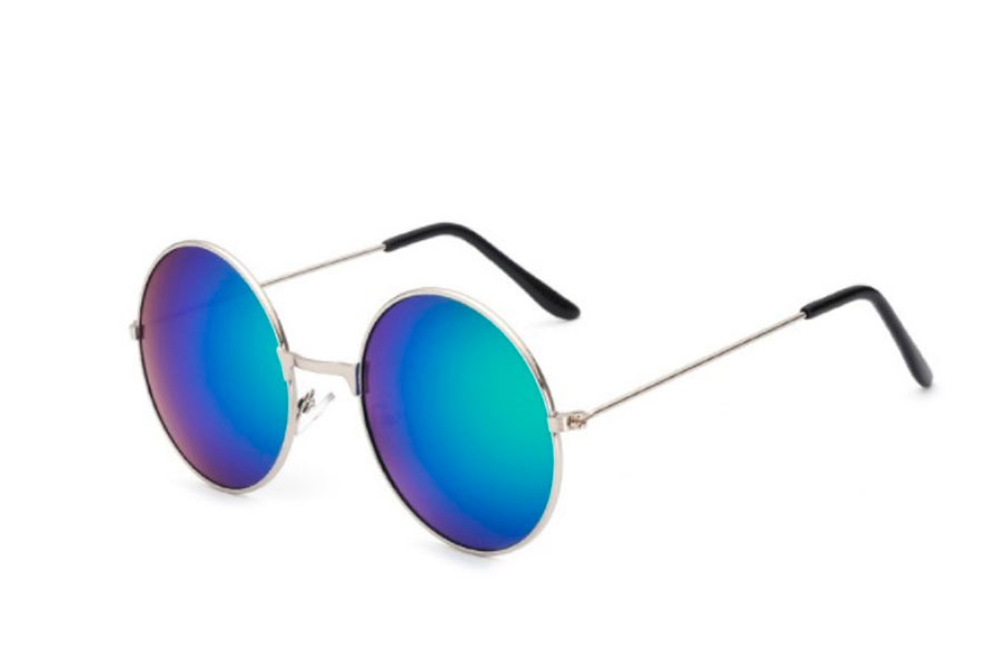Rund lennon solbrille i sÃ¸lvfarvet metal stel med spejlglas i lillablÃ¥-grÃ¸nne nuancer