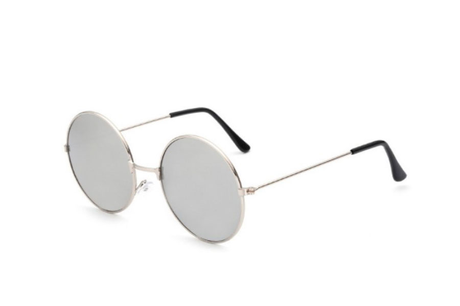 Rund metal solbrille i sÃ¸lvfarvet stel med sÃ¸lvfarvet spejlglas