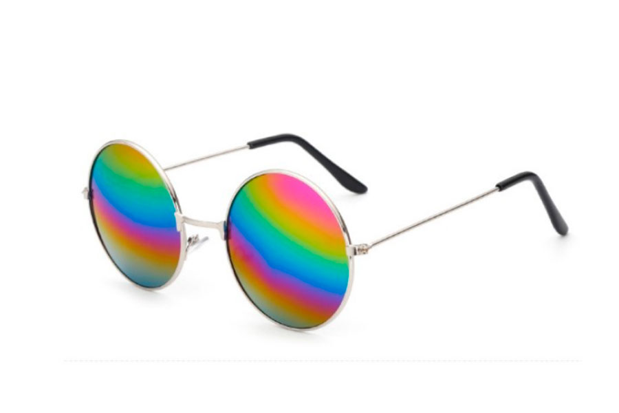 Rund metal solbrille i sÃ¸lvfarvet stel med regnbue / multifarvet spejlglas