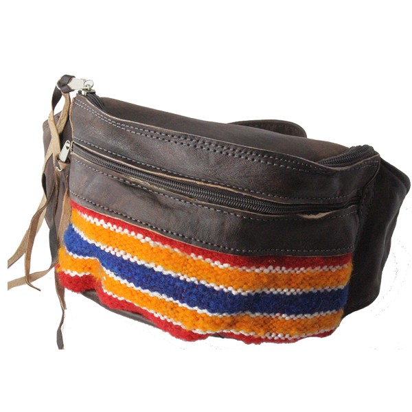 2. SORTERING NEDSAT Brun læder fannypack / bumbag i Afrikansk boheme design - Design nr. 3142